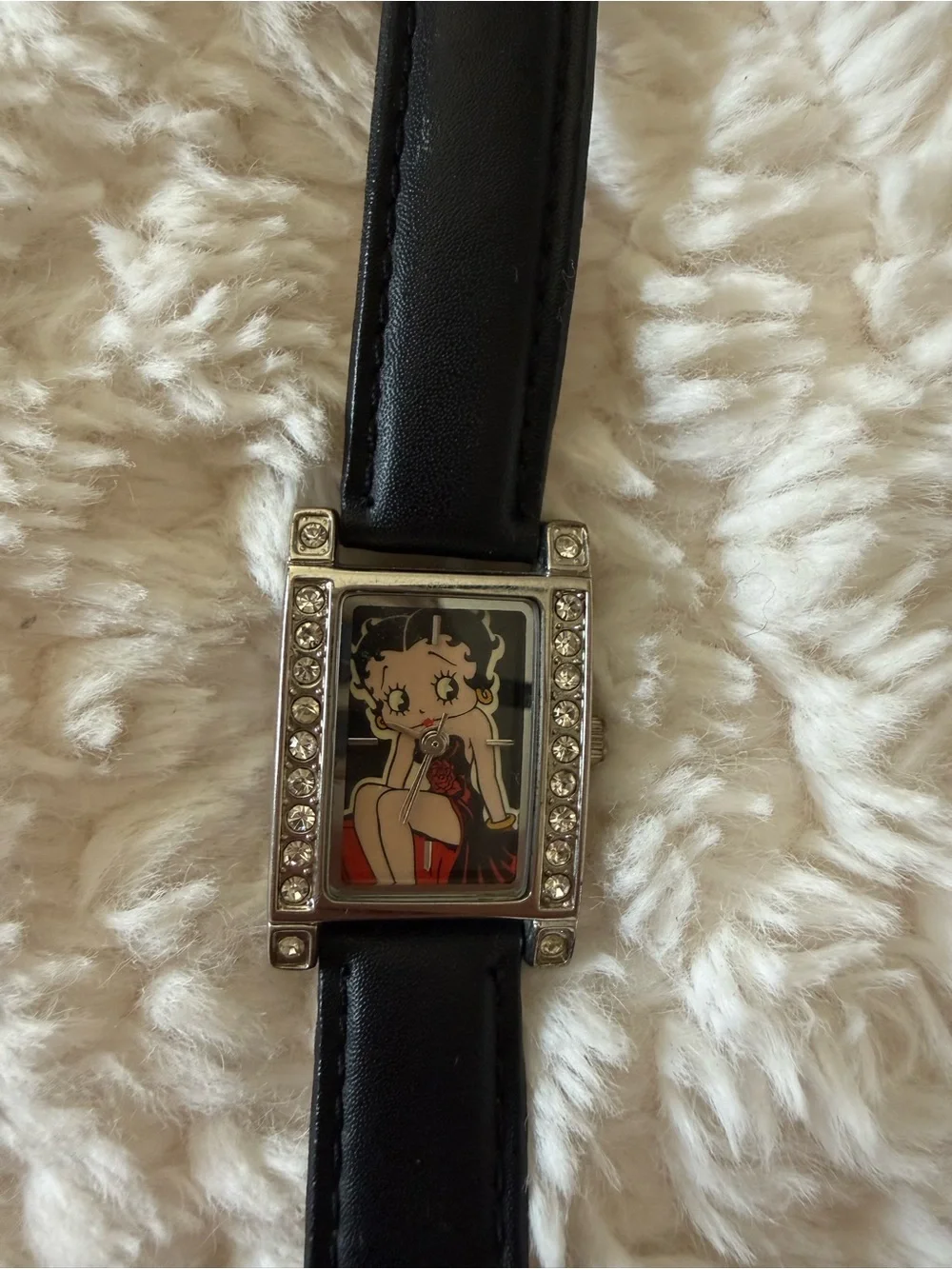Betty Boop Crystal Accent Black Leather Strap Watch